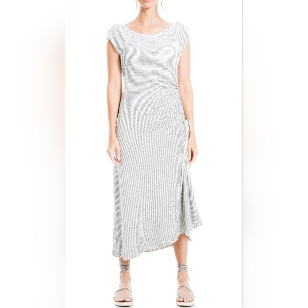 Max Studio Crinkled Jersey Asymmetrical White Black Striped Boho Dress XL NWT